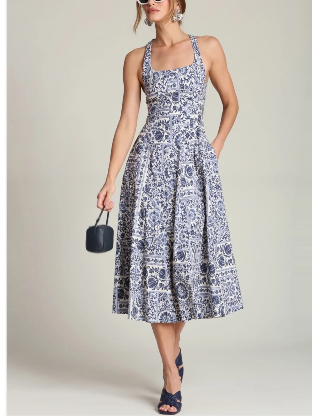 Avec Les Filles Navy and White Printed Tile Print Sleeveless Dress NWT
